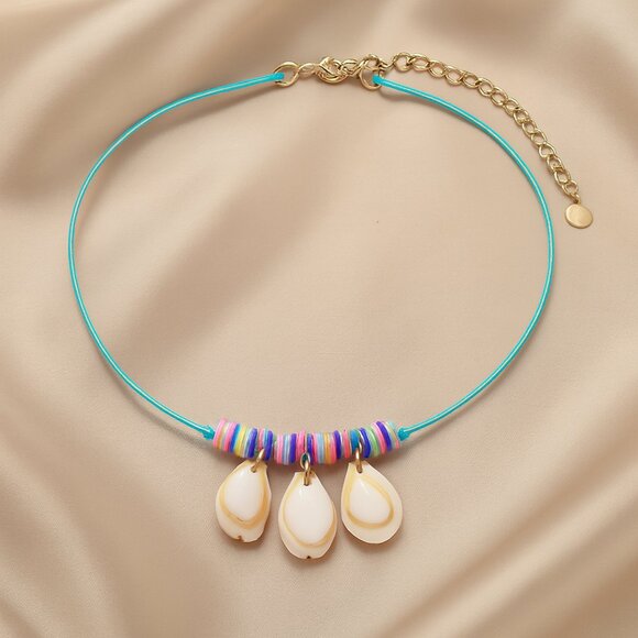 Turquoise Heishi Bead Cowrie Shell Choker – Boho Beach Layering Necklace - Picture 1 of 8